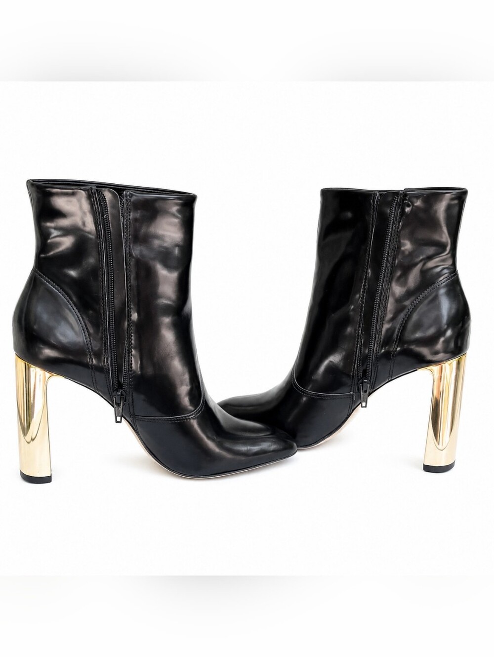Gianni Bini Mavis Black Patent Ankle Boots Gold Sculpted Block 4" Heel 8.5 NWOT - Picture 2 of 15
